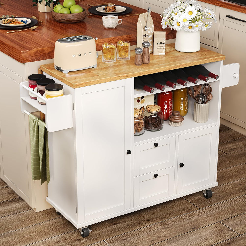 Rolling Kitchen Island with Storage, Drop-Leaf Countertop & Towel Rack