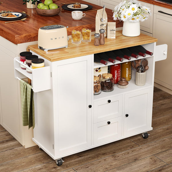 Rolling Kitchen Island with Storage, Drop-Leaf Countertop & Towel Rack