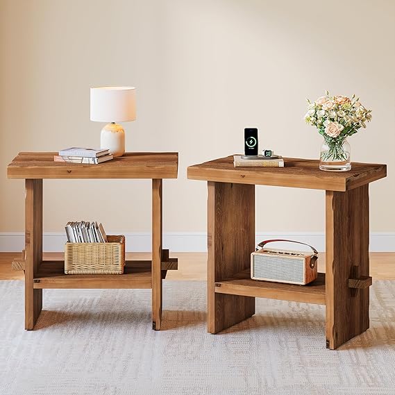 2-Tier Solid Wood End Table with Open Shelves