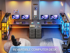 Corner Computer Desk with Power Outlet, LED Lights & Storage Shelves