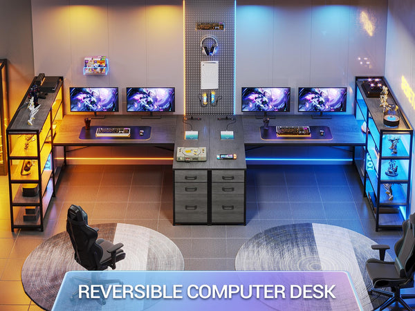 Corner Computer Desk with Power Outlet, LED Lights & Storage Shelves