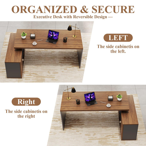 L-Shaped Executive Desk with Storage Cabinet & Open Shelves, 78.74"