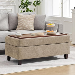 45-Inch Storage Ottoman Bench with Flip-Top Wooden Tray