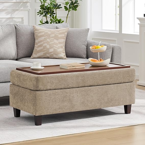 45-Inch Storage Ottoman Bench with Flip-Top Wooden Tray
