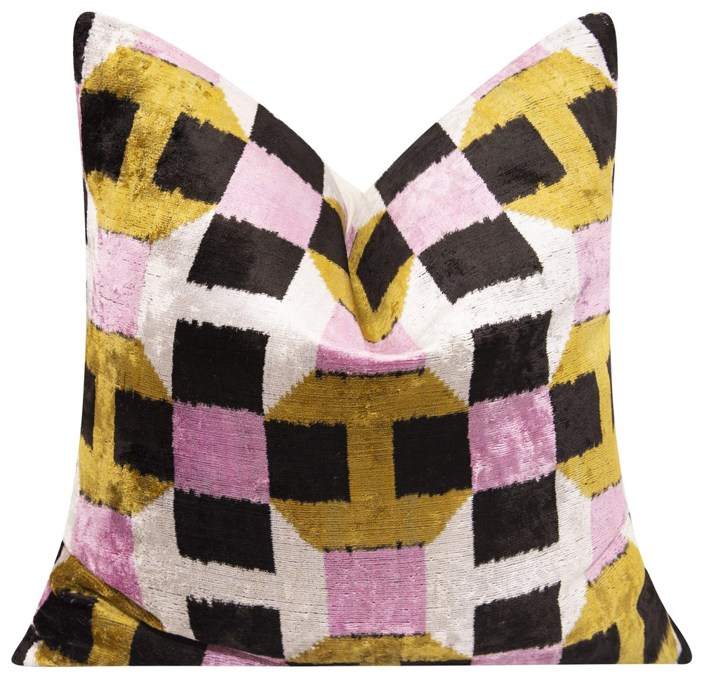 Velvet Throw Pillow – Pink, Gold & Black Geometric Design, 20x20 Inch
