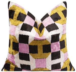 Velvet Throw Pillow – Pink, Gold & Black Geometric Design, 20x20 Inch