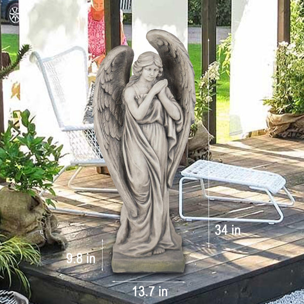 Large Outdoor Angel Garden Statue – 34 Inch Resin Concrete Finish