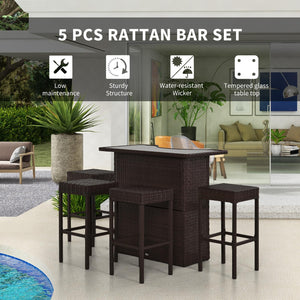 5-Piece Outdoor Rattan Wicker Bar Set with High Top Table and 4 Bar Stools