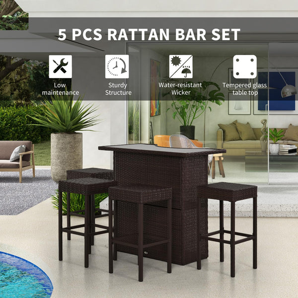 5-Piece Outdoor Rattan Wicker Bar Set with High Top Table and 4 Bar Stools