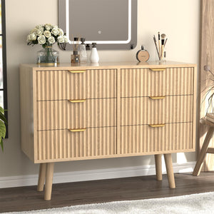 SFDOU Wooden Fluted Dresser for Bedroom,Modern Wide Chest of 6 Drawers Dressers for Bedroom Furniture,Wood Drawer Dresser with Storage, Easy to Assemble Dressers for Living Room,Hallway