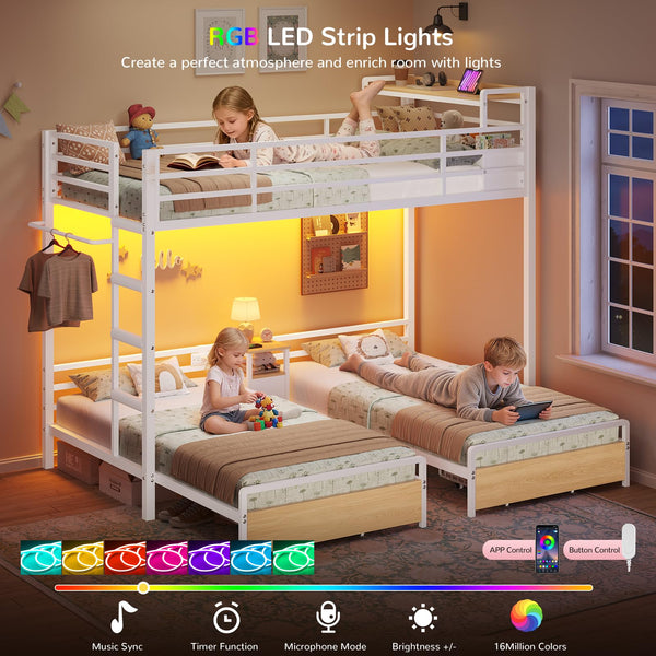 Triple Bunk Bed Twin Size with LED Lights, Charging Station & Storage Drawers