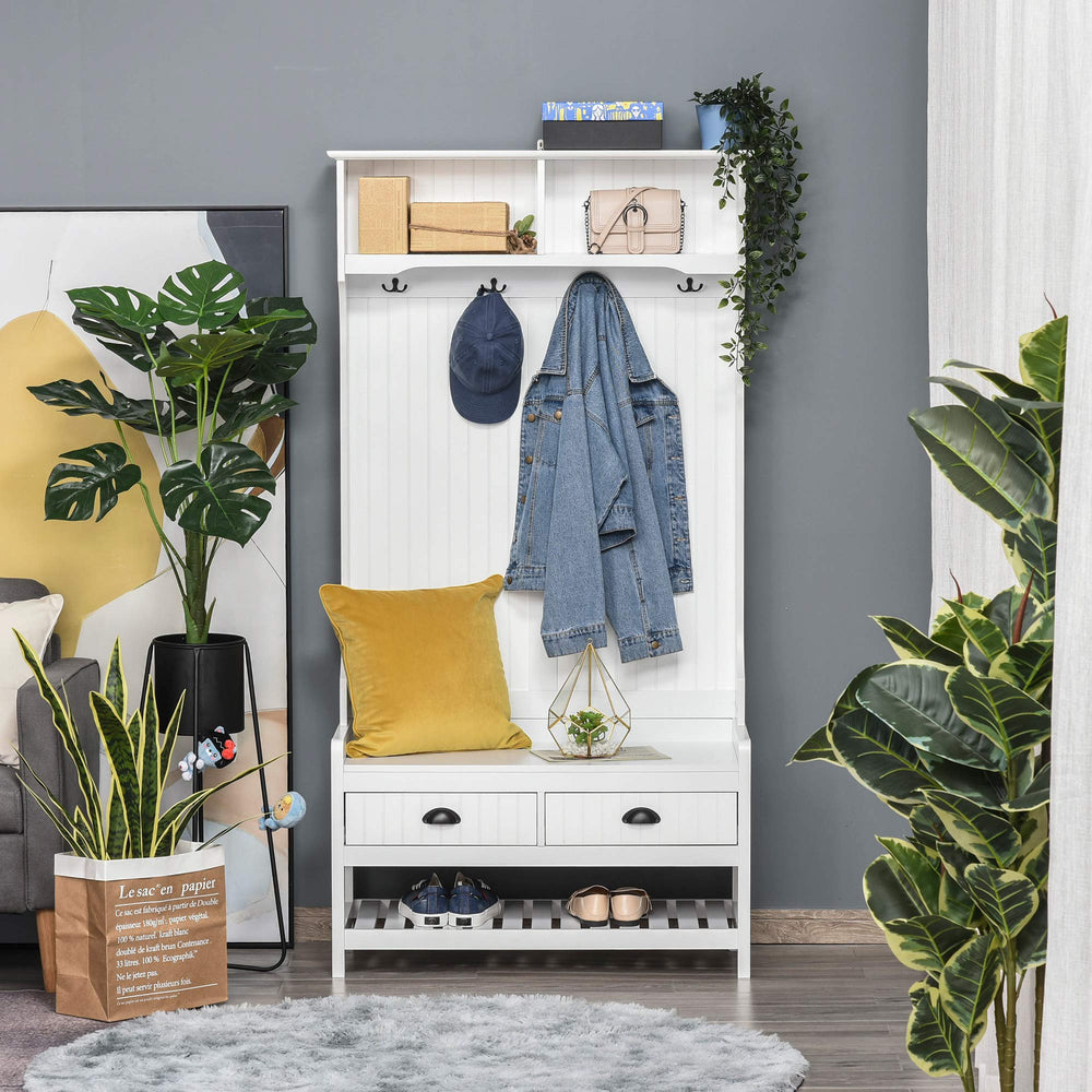 Hall Tree Entryway Bench with Coat Rack, Shoe Rack, Storage Drawers & Padded Seat