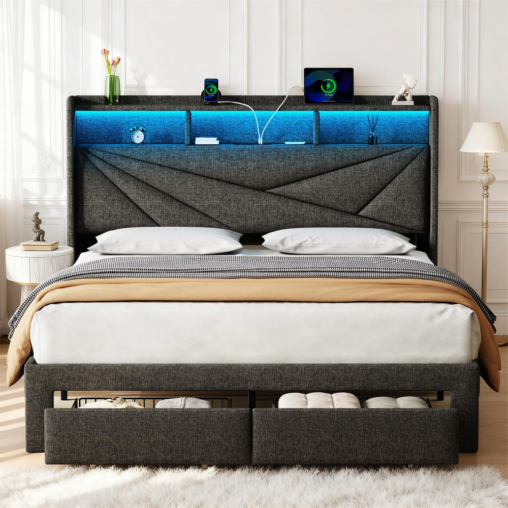 King Bed Frame with Storage Drawers & LED Headboard