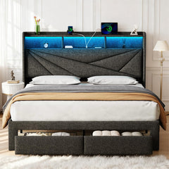 King Bed Frame with Storage Drawers & LED Headboard