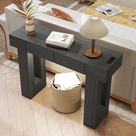 47" Farmhouse Console Table with LED Light, Drawers & Charging Station