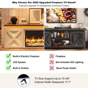 83" Farmhouse Fireplace TV Stand with LED Lighting & Storage Cabinets