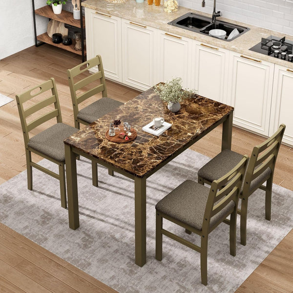 5-Piece Faux Marble Dining Table Set with 4 Upholstered Chairs