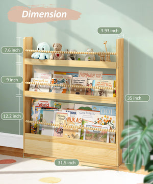 Kids Wall-Mount Bookshelf – 3-Tier Solid Pine, Bohemian