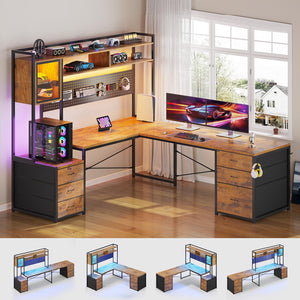 L-Shaped Gaming Desk with Drawers, Hutch & LED Lights