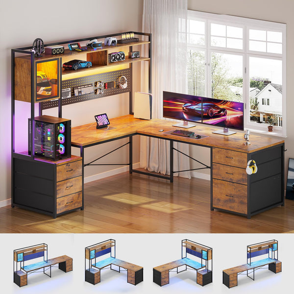 L-Shaped Gaming Desk with Drawers, Hutch & LED Lights