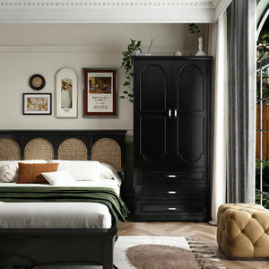 Wooden Wardrobe Closet with 3 Drawers, LED Light & Hanging Rod