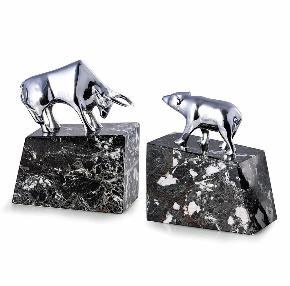 Bull & Bear Bookends – Chrome & Marble