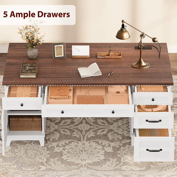60-Inch Executive Desk with File Drawers & Charging Station