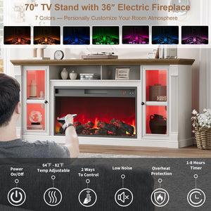 70" Farmhouse TV Stand with 36" Electric Fireplace & LED Lights