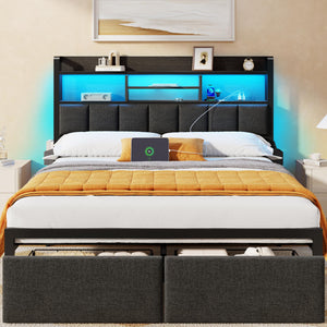 Full Size Bed Frame with Storage Drawers, Charging Station & LED Lights