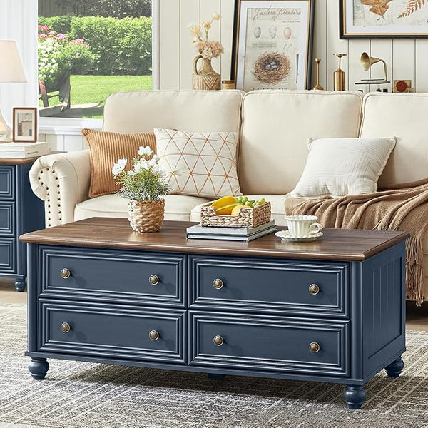 Farmhouse Coffee Table with 4 Drawers & Hidden Storage