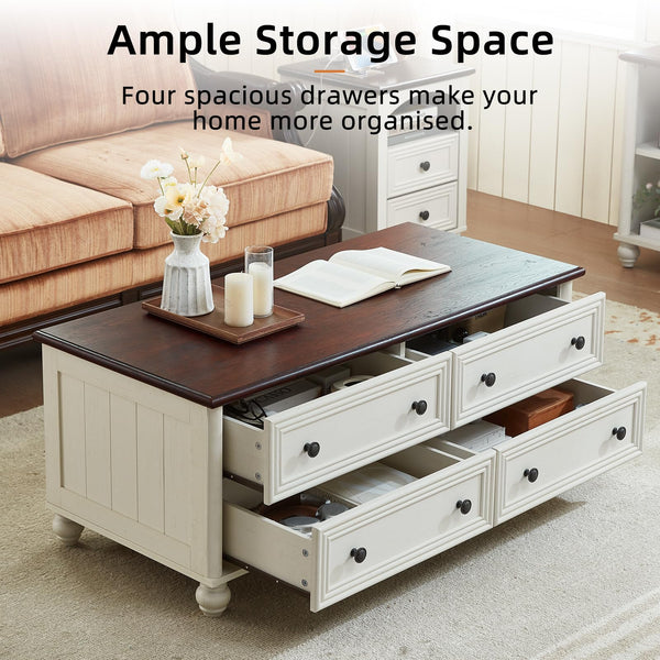 Farmhouse Coffee Table with 4 Drawers & Hidden Storage