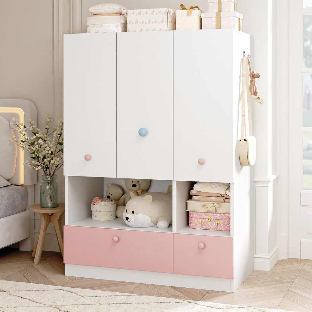 White 3-Door Wardrobe Armoire with Hanging Rod, Shelves & Drawers