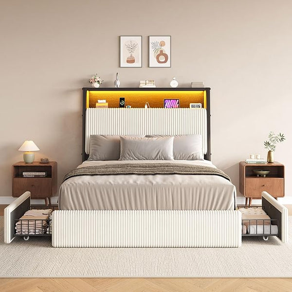 Queen LED Platform Bed with Storage Drawers & Bookcase Headboard