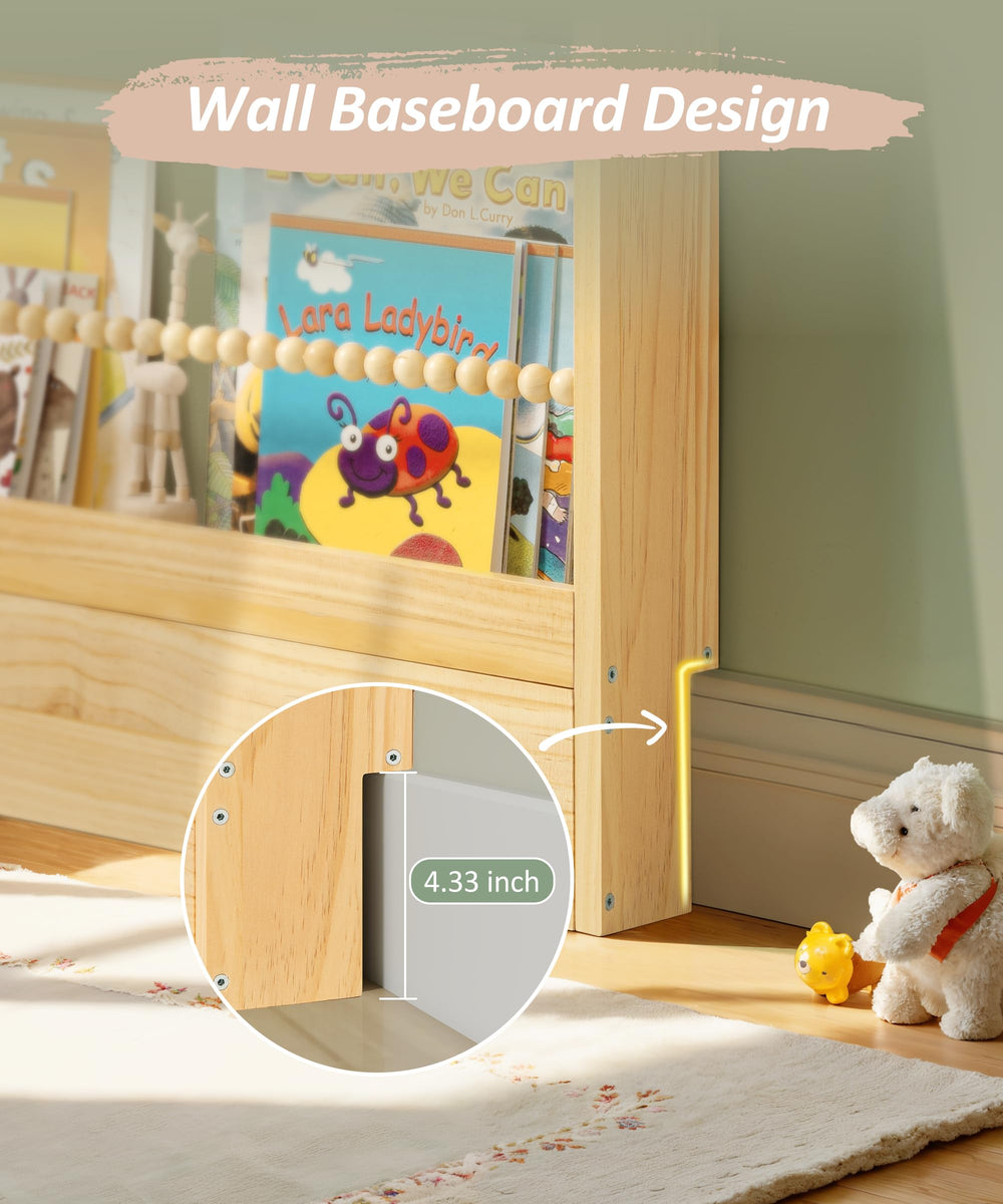 Kids Wall-Mount Bookshelf – 3-Tier Solid Pine, Bohemian