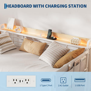 Twin Daybed with Pop-Up Trundle, RGB LED Headboard & Charging Station