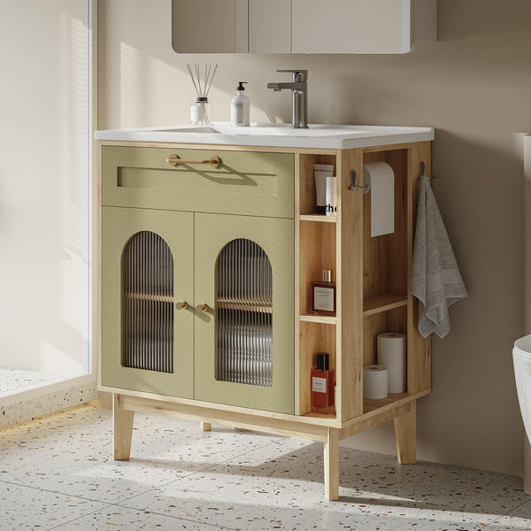 30 Inch Bathroom Vanity with Sink, Arched Glass Door & Ceramic Basin