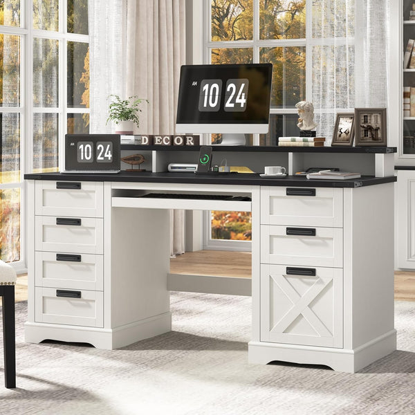 L-Shaped Executive Desk with Drawers, Power Outlets & Storage Shelf