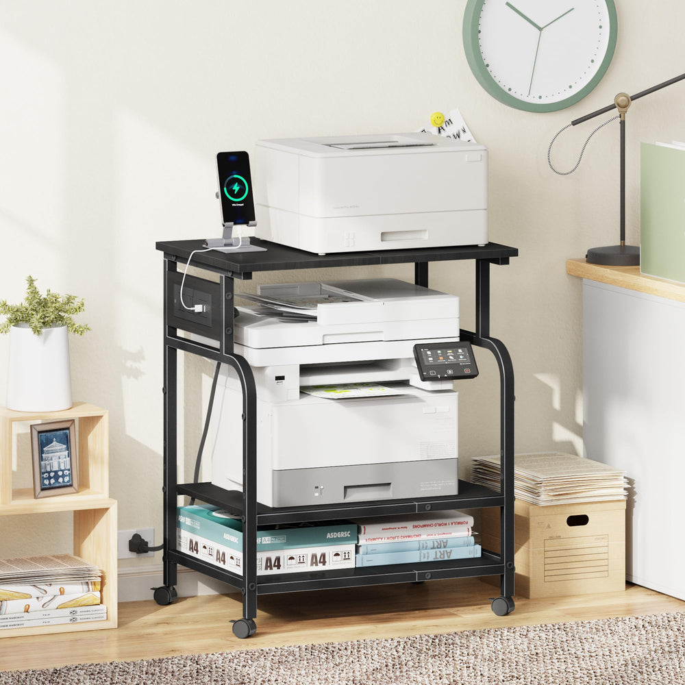 3-Tier Printer Stand with Power Outlet & Rolling Wheels