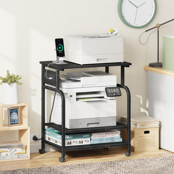 3-Tier Printer Stand with Power Outlet & Rolling Wheels
