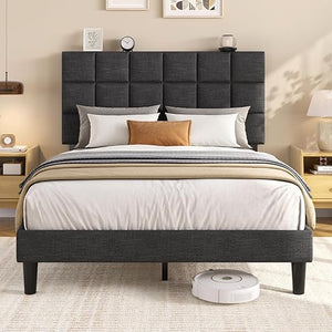 Platform Bed Frame with Adjustable Upholstered Headboard