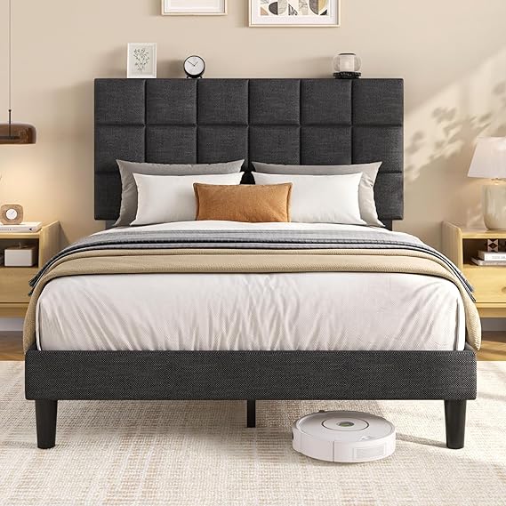 Platform Bed Frame with Adjustable Upholstered Headboard