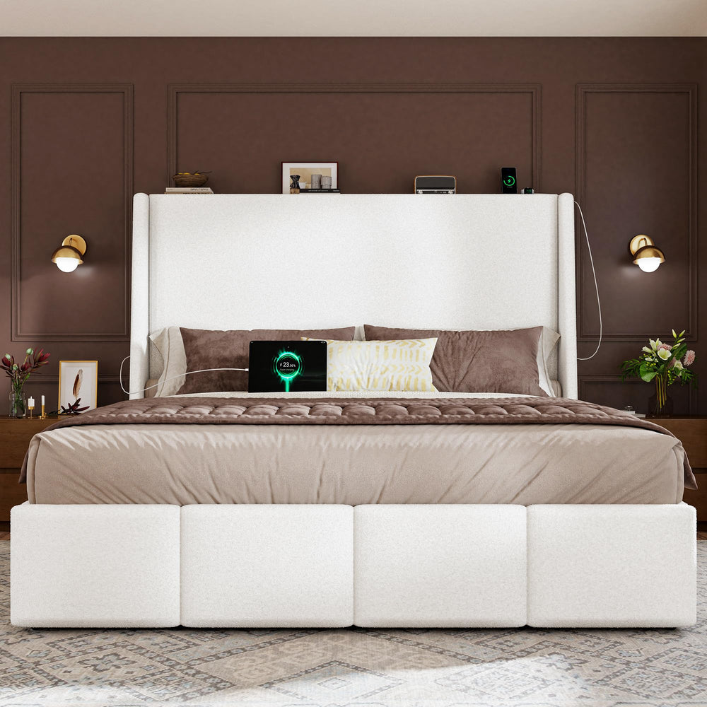 Queen Wingback Upholstered Platform Bed Frame