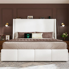 Queen Wingback Upholstered Platform Bed Frame