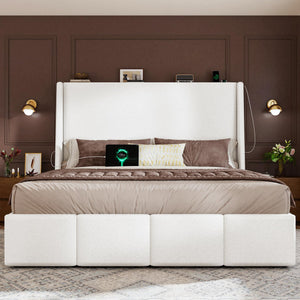 Queen Wingback Upholstered Platform Bed Frame