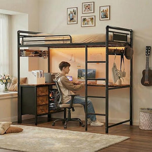 Twin Loft Bed with L-Shaped Desk, LED Lights & Storage