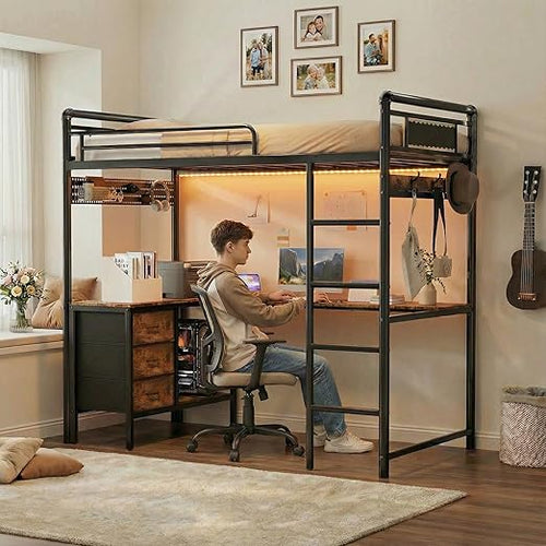 Twin Loft Bed with L-Shaped Desk, LED Lights & Storage