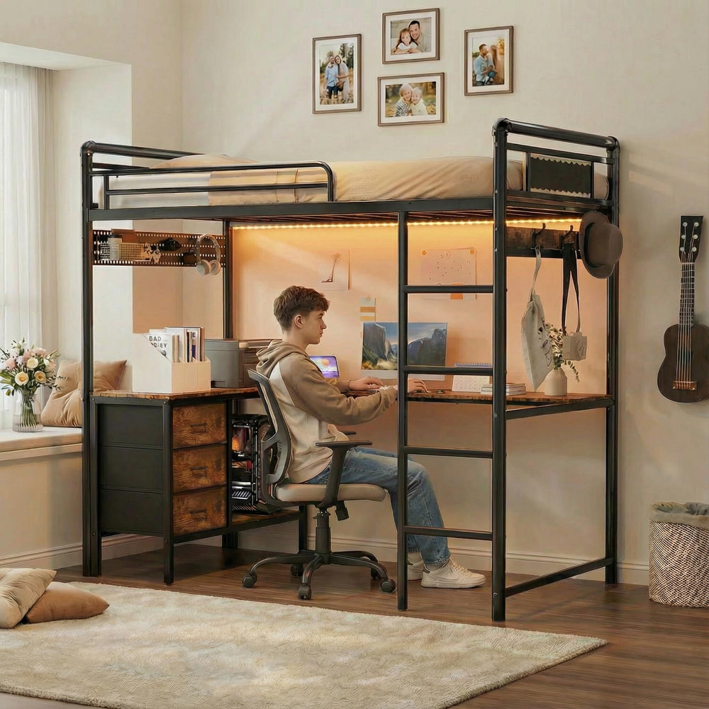 Twin Loft Bed with L-Shaped Desk, LED Lights & Storage