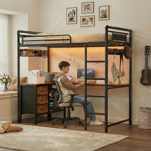 Twin Loft Bed with L-Shaped Desk, LED Lights & Storage