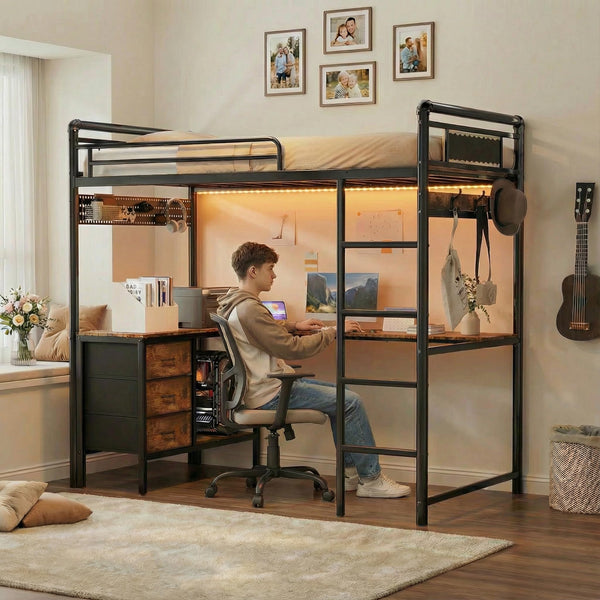 Twin Loft Bed with L-Shaped Desk, LED Lights & Storage