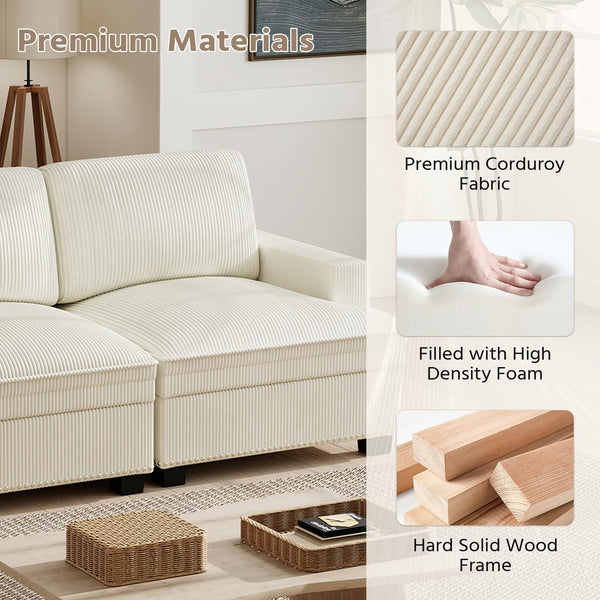 Oversized Modular Sectional Sofa – 4-Seat Corduroy Couch with Nailhead Trim & Storage Ottoman